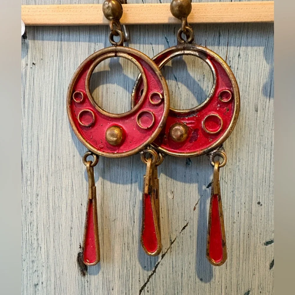 Vintage Mexico, early 1950’s, Red & Gold Dangle Earrings - Picture 3 of 13